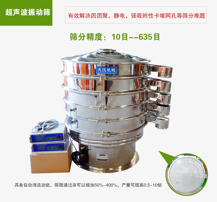 超聲波振動篩具備自動清潔功能，篩面通過率可以增加50%-400%，產量可提高0.5-10倍