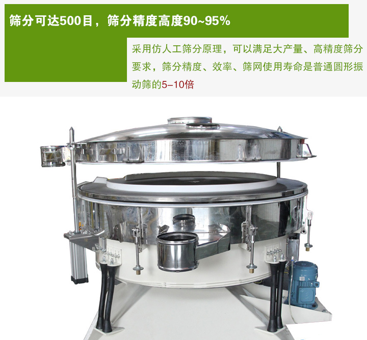 搖擺篩分機(jī)采用仿人工篩分原理，可以滿足大產(chǎn)量、高精度篩分 要求，篩分精度、效率、篩網(wǎng)使用壽命是普通圓形振 動(dòng)篩的5-10倍